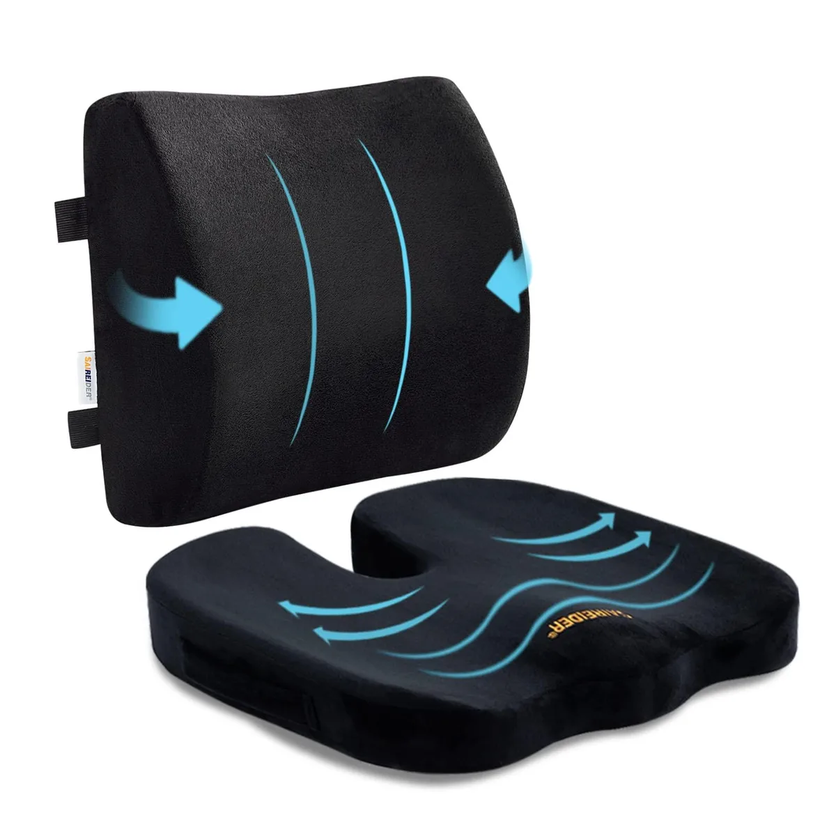 Black memory-foam seat cushion with U-shaped cutout and matching lumbar pillow, both in soft velour covers, set of 10