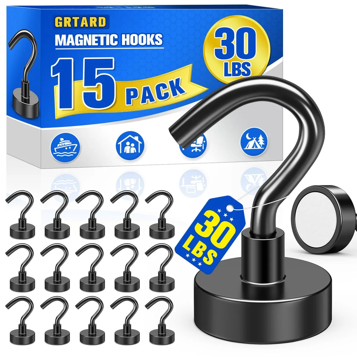 Fifteen black magnetic hooks with steel bases and curved ends