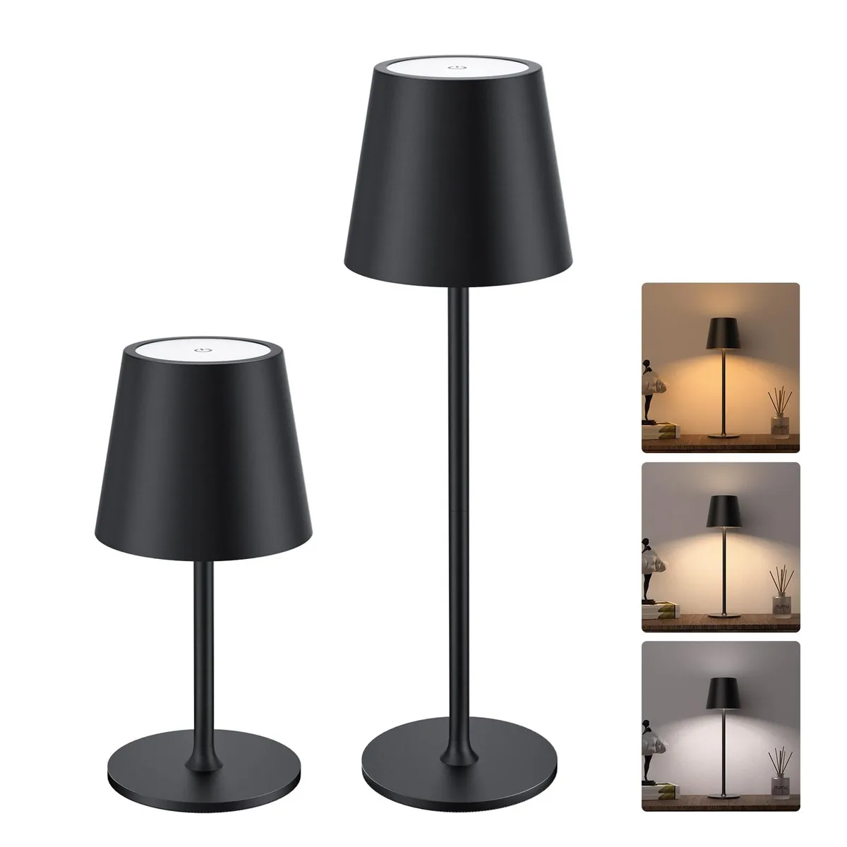 Two cordless metal table lamps with three adjustable rods each, matte coated finish, touch control base