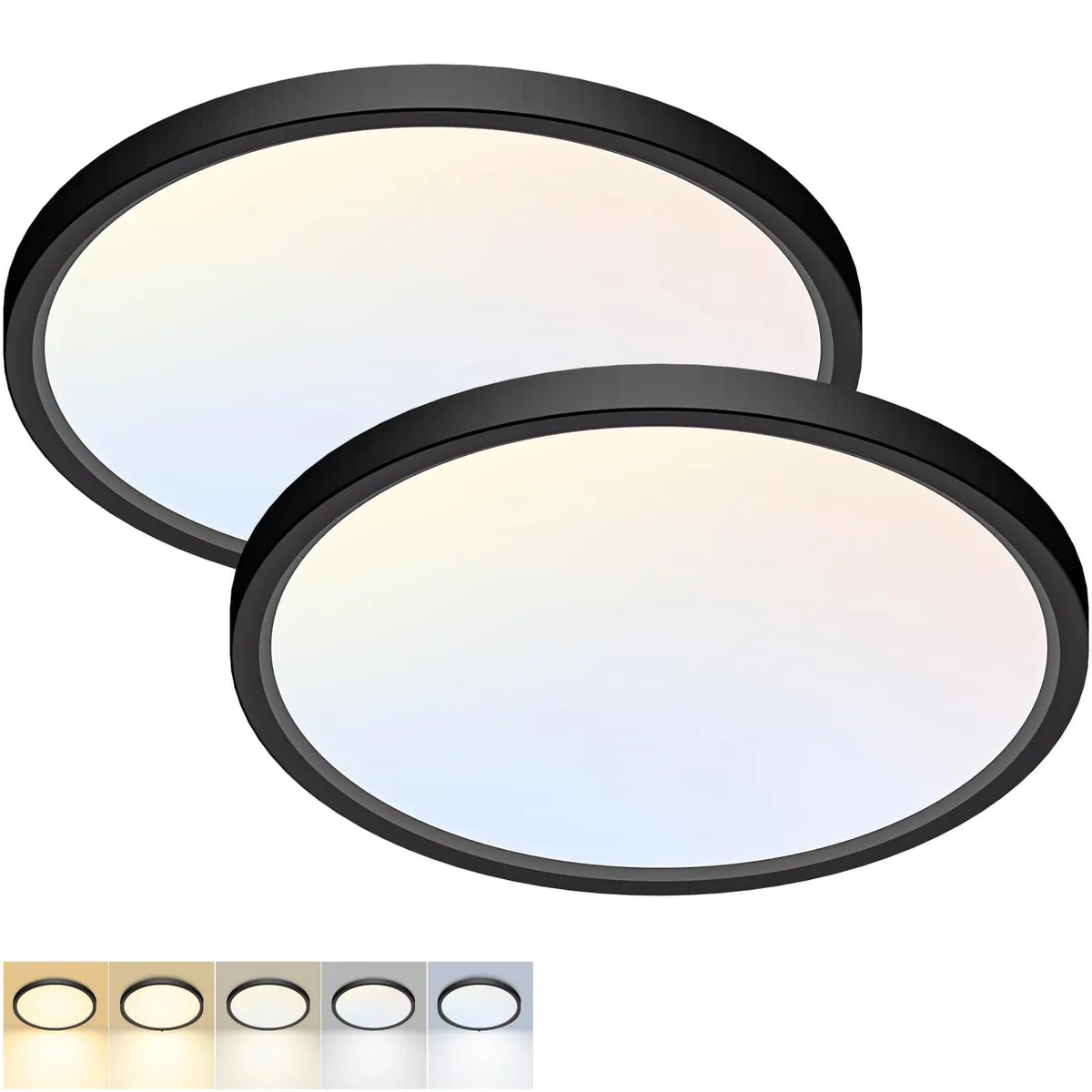 Two black 12 inch round flush mount lights, .7 inch thick acrylic lenses