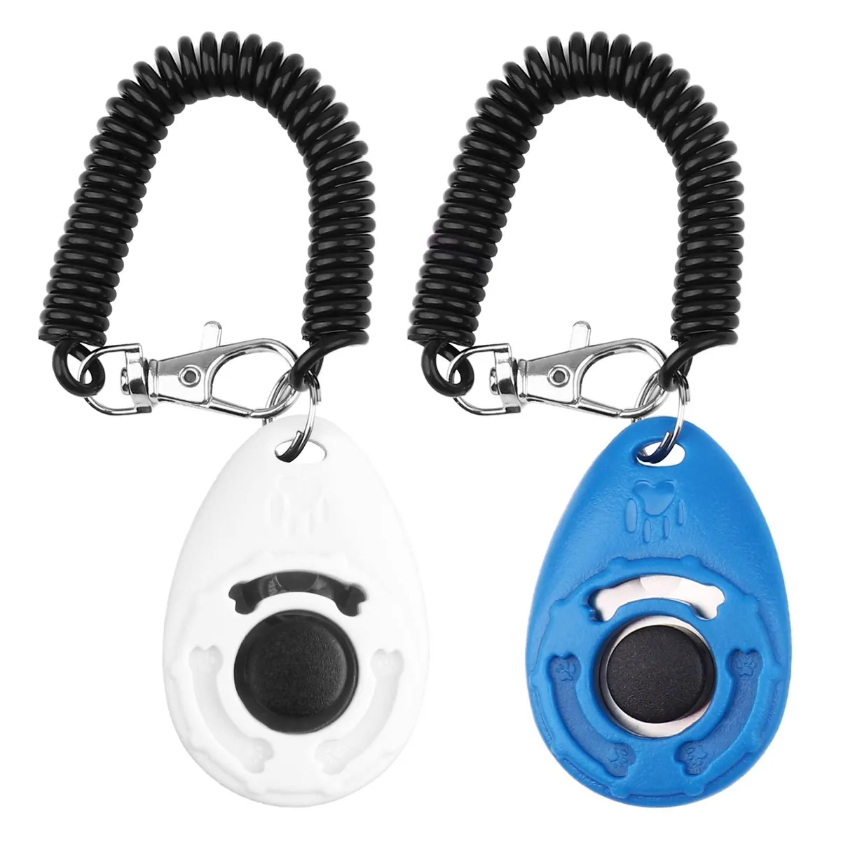 Two small rectangular clickers, one blue and one white, each with an elastic wrist strap attached