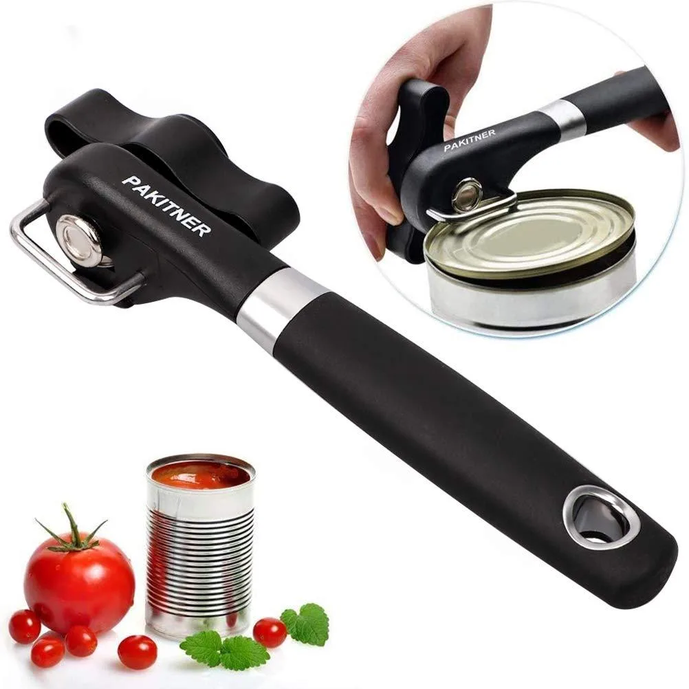 Handheld stainless steel side-cut can opener with ergonomic crank handle and hanging hole