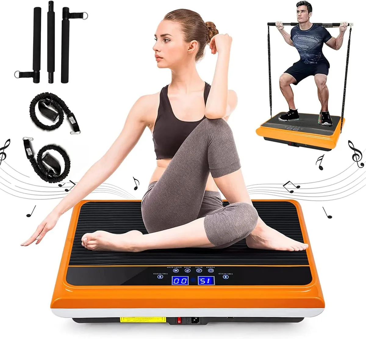 Rectangular vibration platform with silver Pilates bar and coloured resistance bands attached