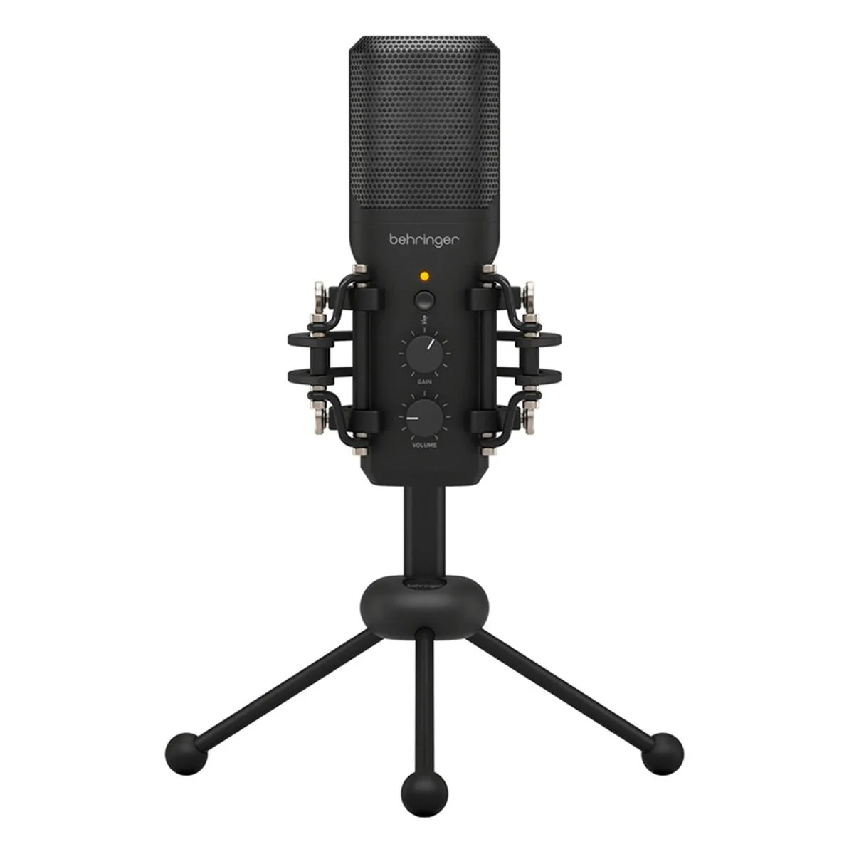 Silver cylindrical USB microphone on shock mount with gain and volume knobs