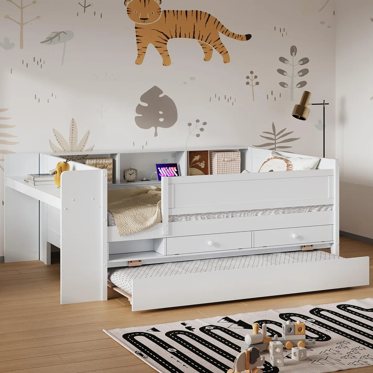 tuphen tuphen Twin Daybed with Trundle, Desk, USB, White — product photo