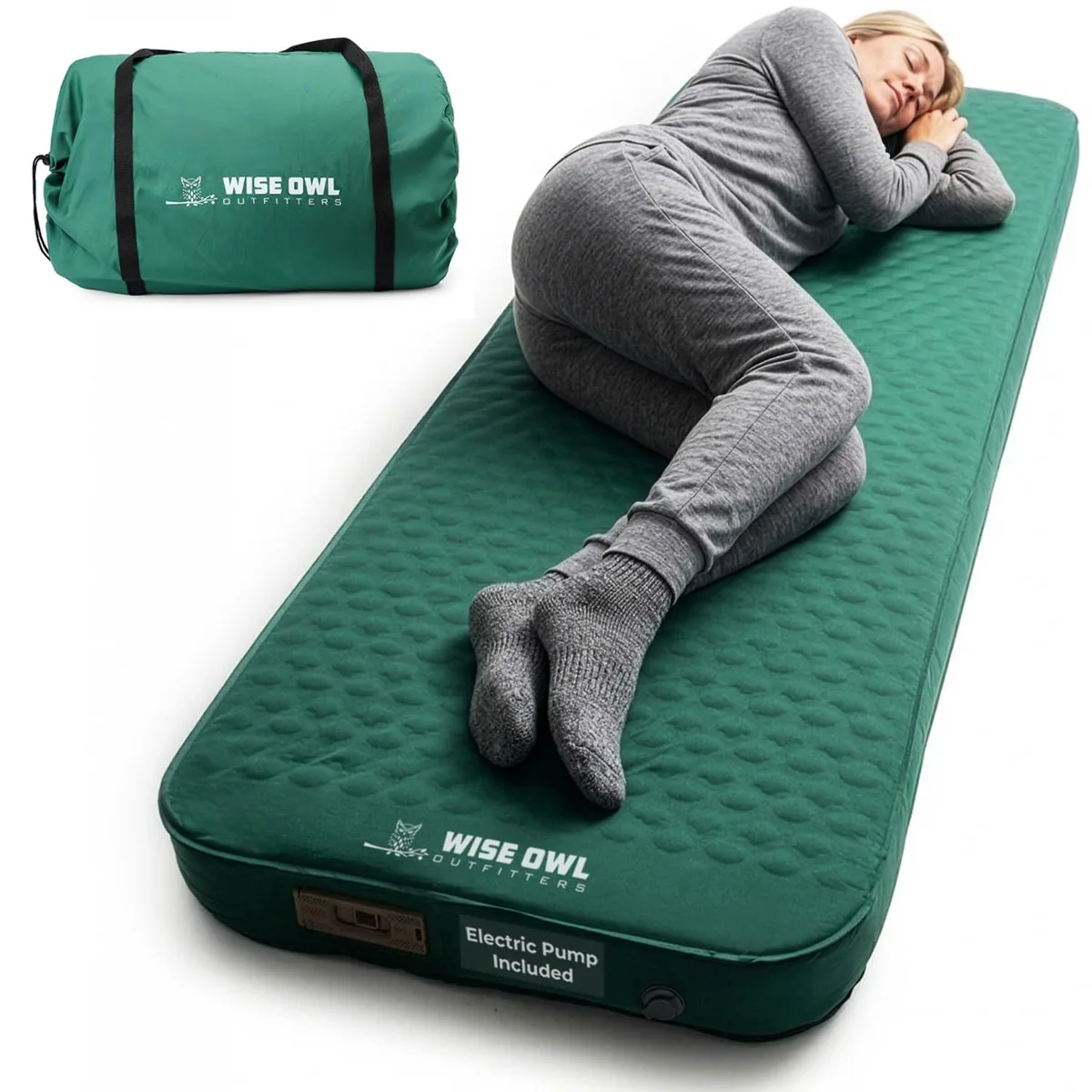 Rectangular tan sleeping pad with grey electric pump attached, 4 inches thick