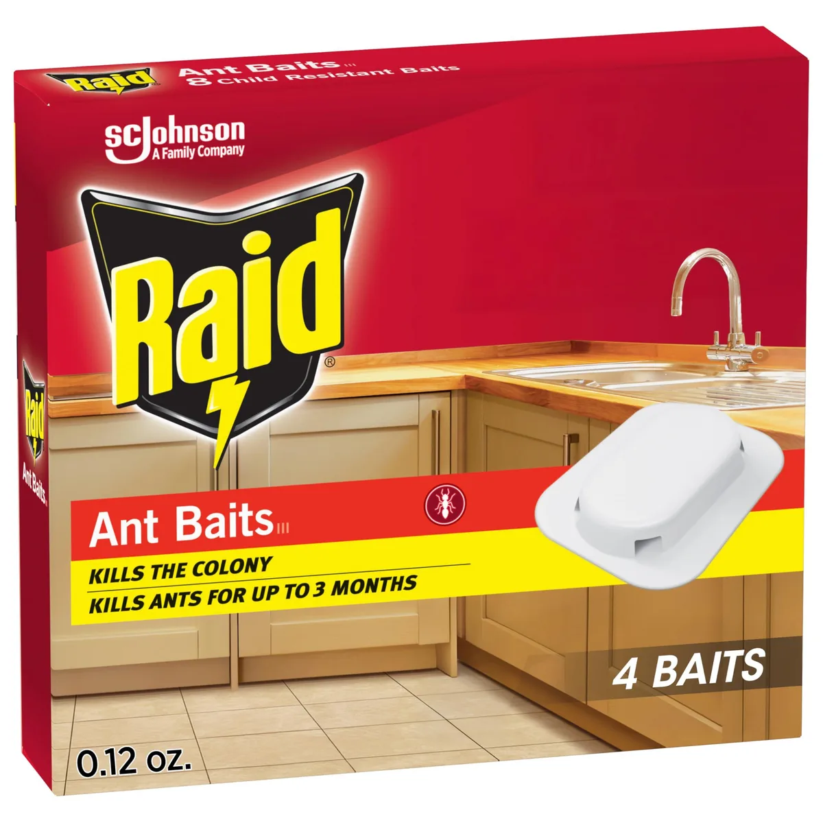 Four white rectangular ant bait stations in clear plastic packaging