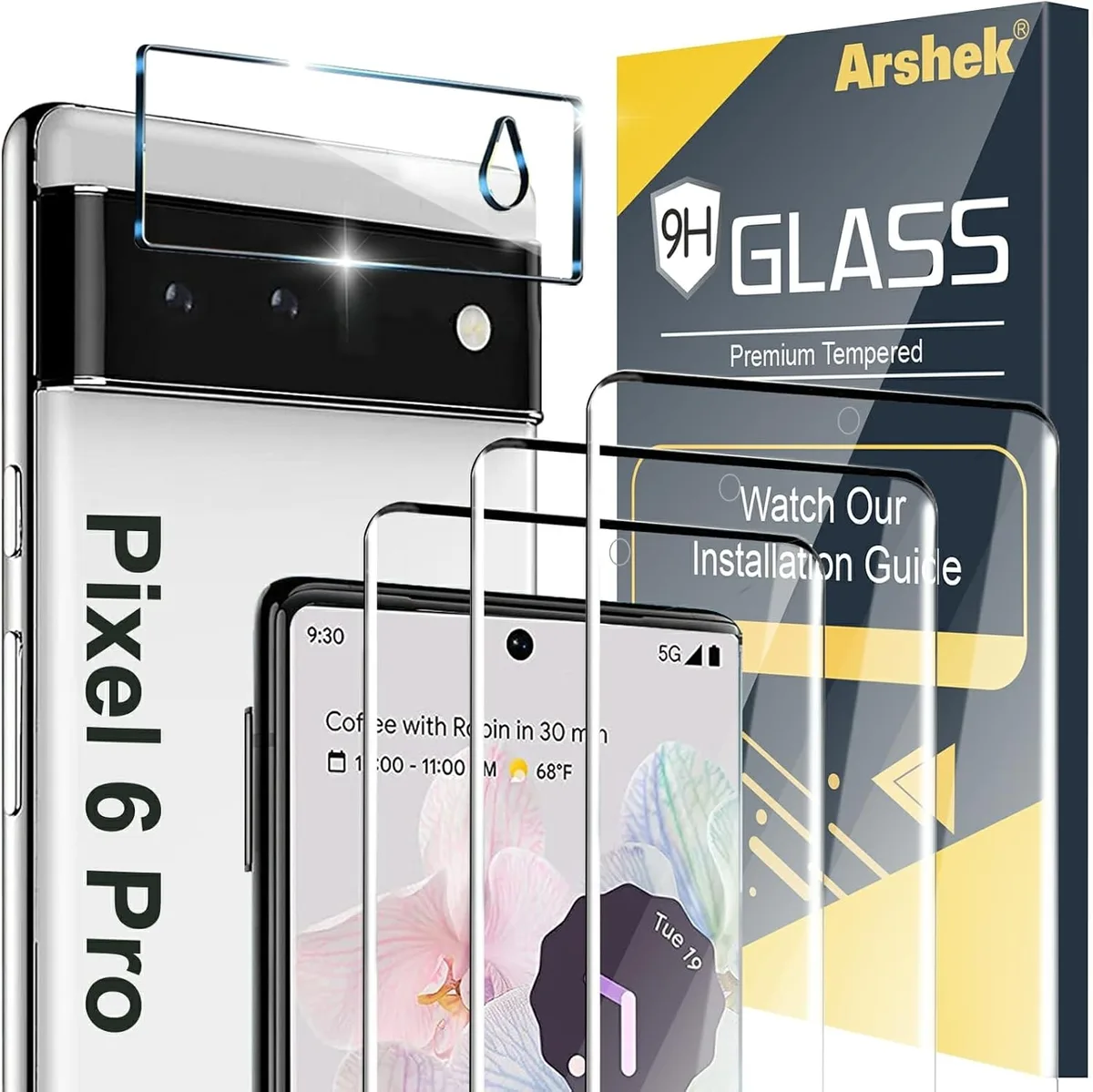 Four tempered-glass screen protectors plus one camera protector for Pixel 6 Pro 6.7 inch