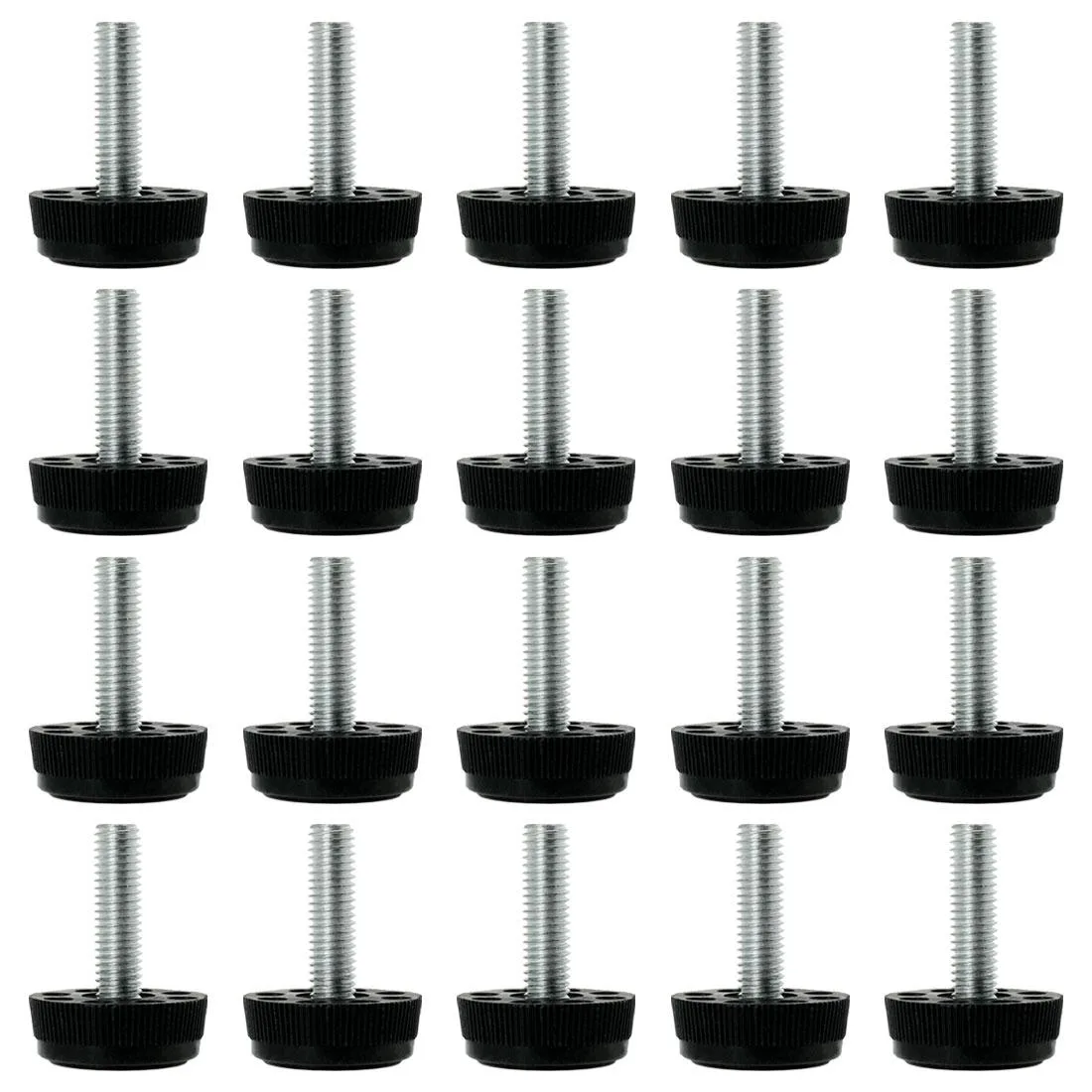 Twenty M8 threaded leveling feet with 28mm plastic bases and 30mm adjustable stems