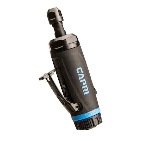 Silver metal straight die grinder with cushioned grip and rear exhaust port