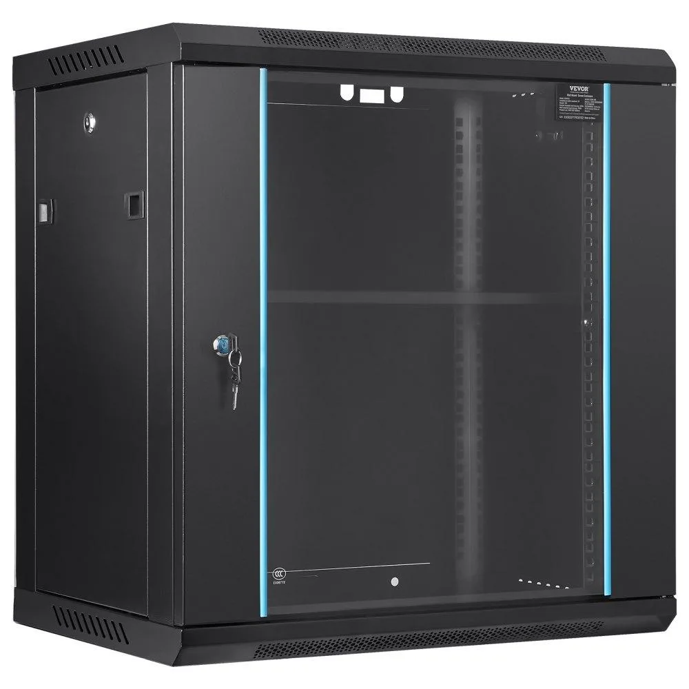 Black 12U wall-mounted server rack 15.5 inch depth glass door vents