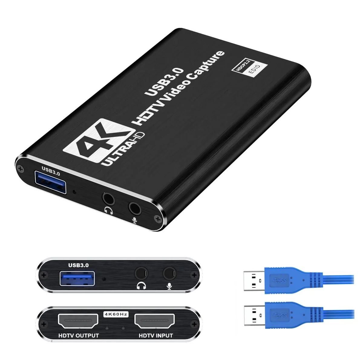 Small black rectangular capture card with HDMI ports and USB 3.0 cable