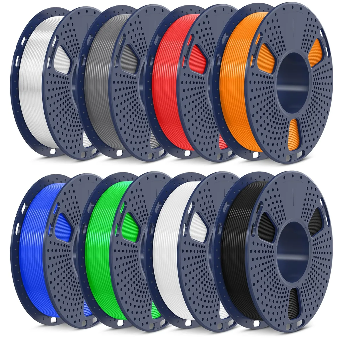 Eight 250 g PLA spools in black white grey transparent red blue orange green