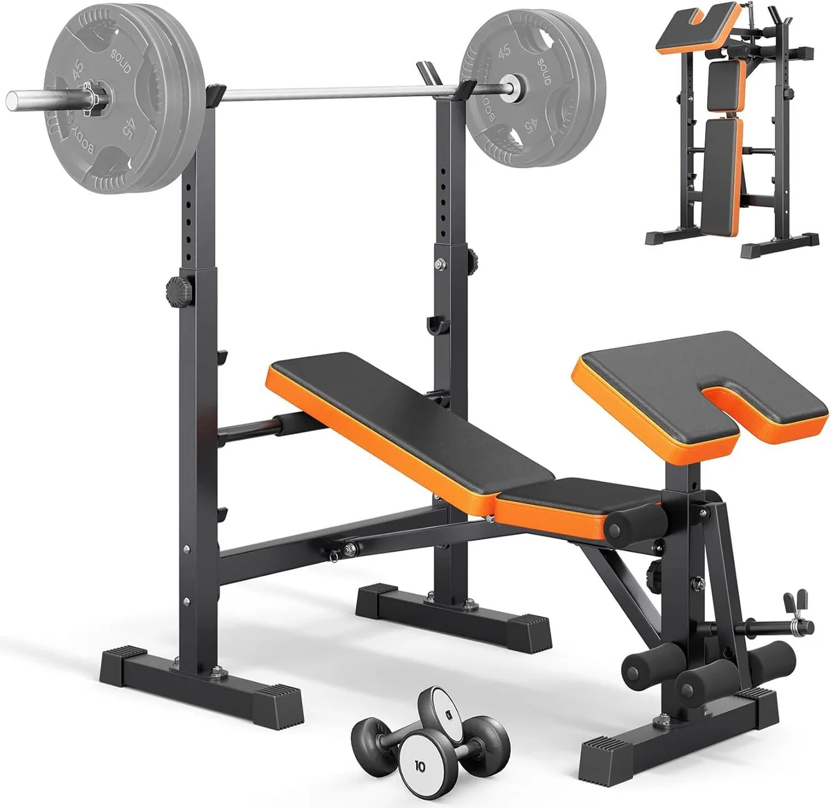 Black and orange foldable weight bench with leg press, preacher curl rack and squat rack attachments