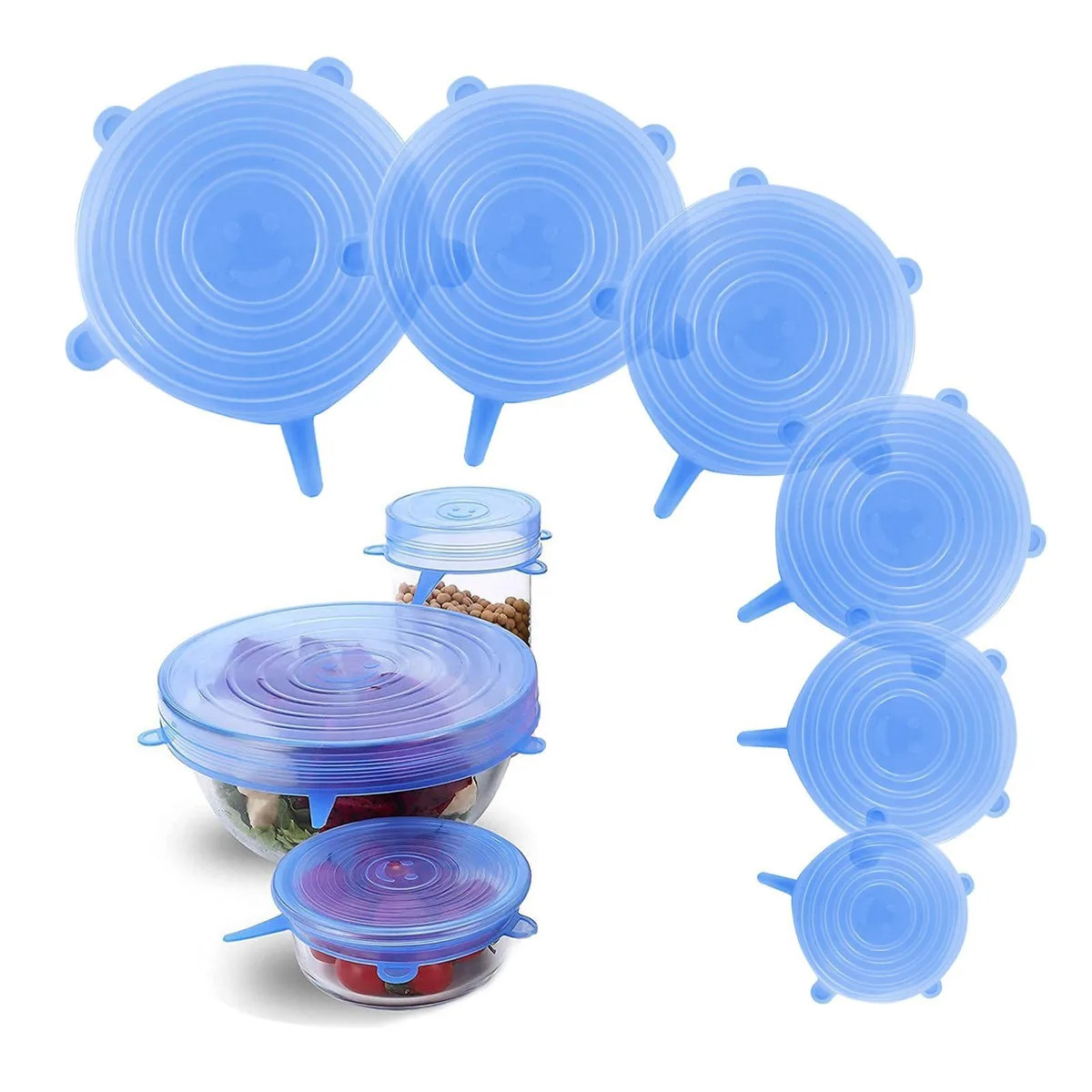 Six blue silicone stretch lids in sizes 2.6 to 7.7 inches