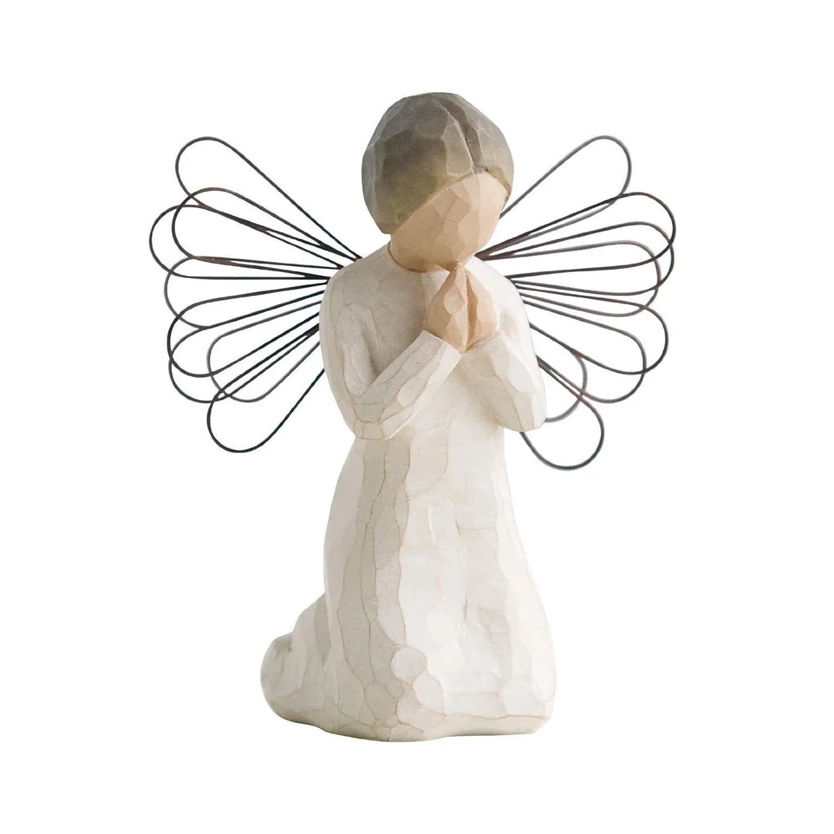 Hand-painted resin angel figurine with folded hands, no facial features, muted colours