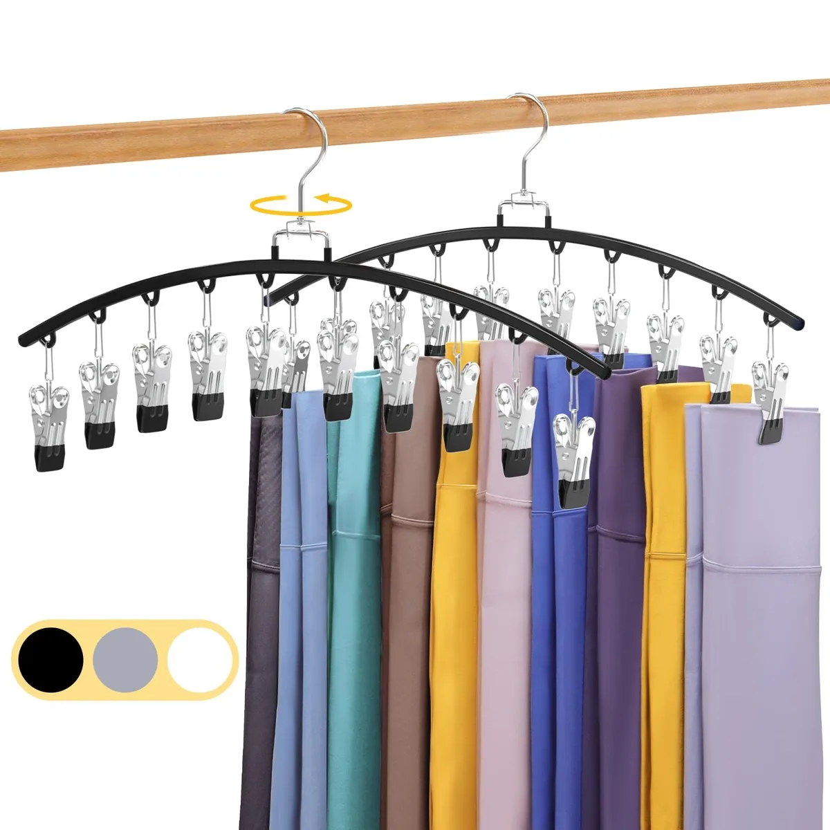 Two black metal legging organizers with 20 rubber-coated clips each, 360° swivel hooks, 16.5 by 9.8 inches