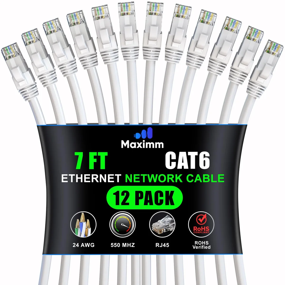 maximm maximm Cat 6 Ethernet Cable 7 ft 12-Pack White 2 in 1 accessory — product photo