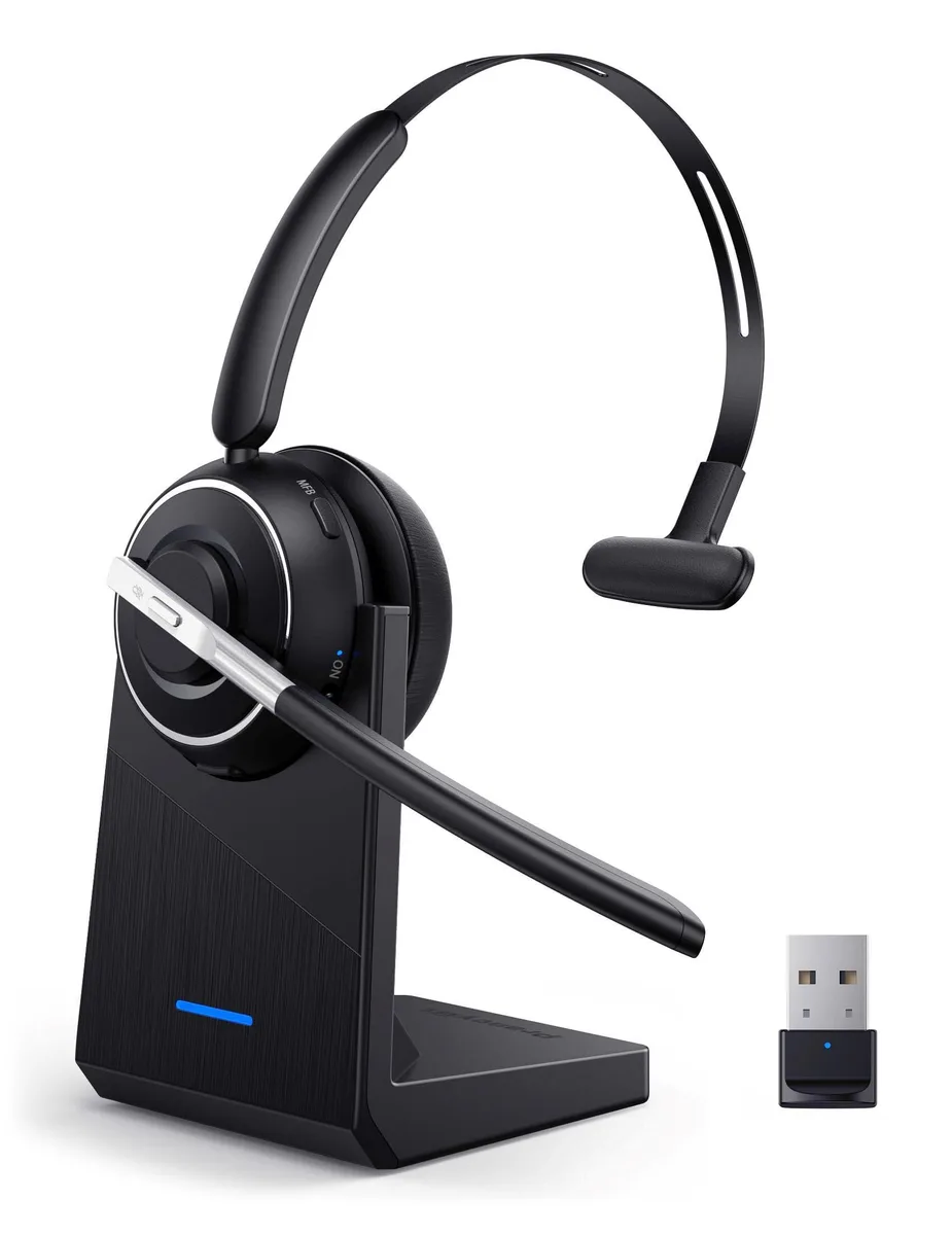 Black on-ear Bluetooth headset with charging base and USB dongle