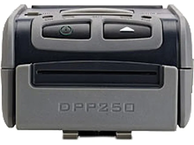 Compact white mobile label printer with rounded edges, Bluetooth label on side, paper roll visible inside