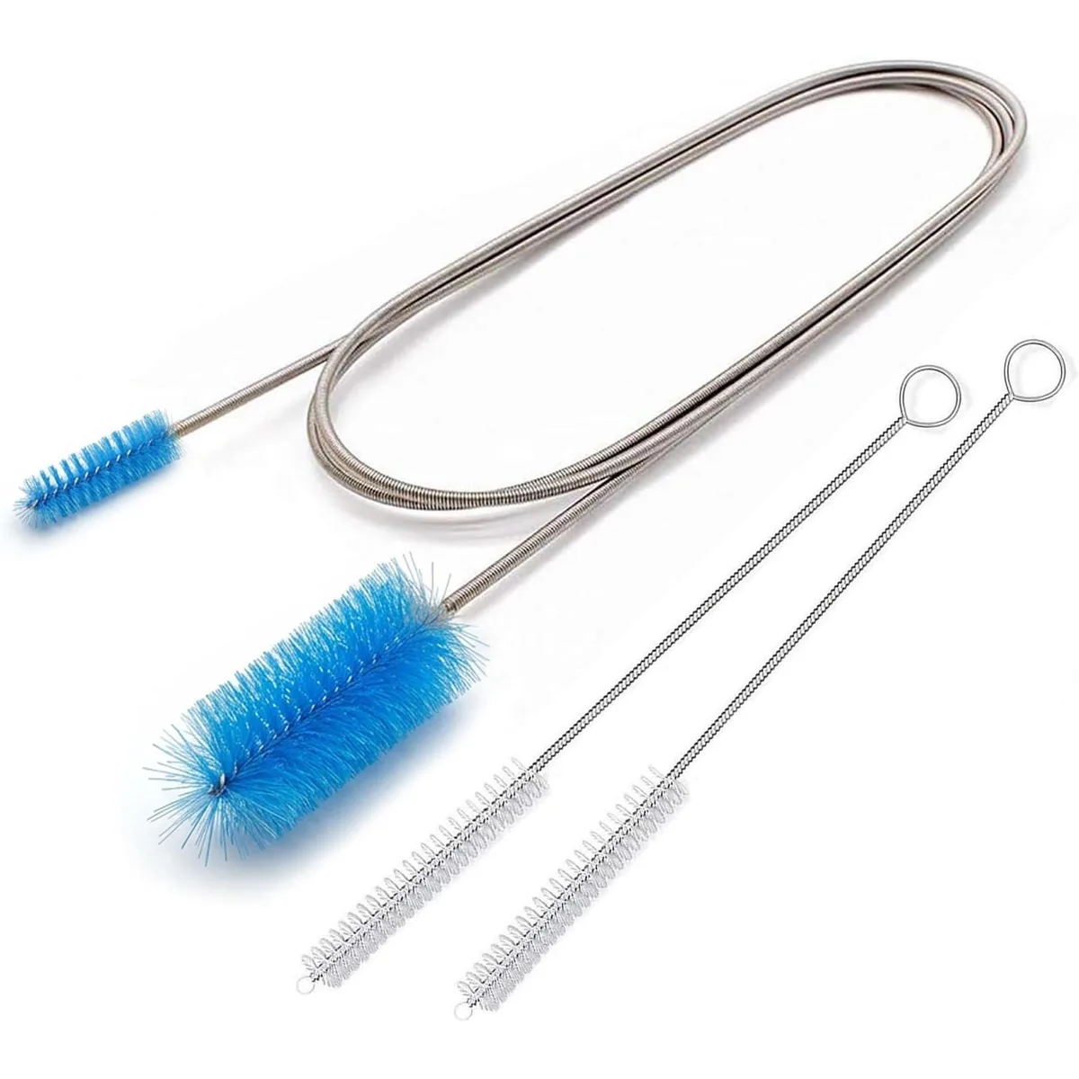 Metra 67-inch flexible drain brush set with two 8.2-inch straw brushes, yellow nylon bristles on stainless steel spring