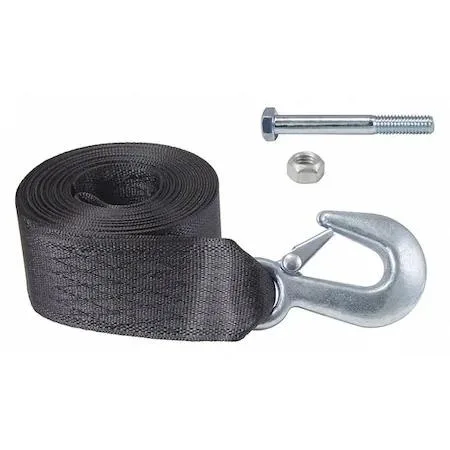 Black steel strap with hook, 15 ft long, 2 in wide