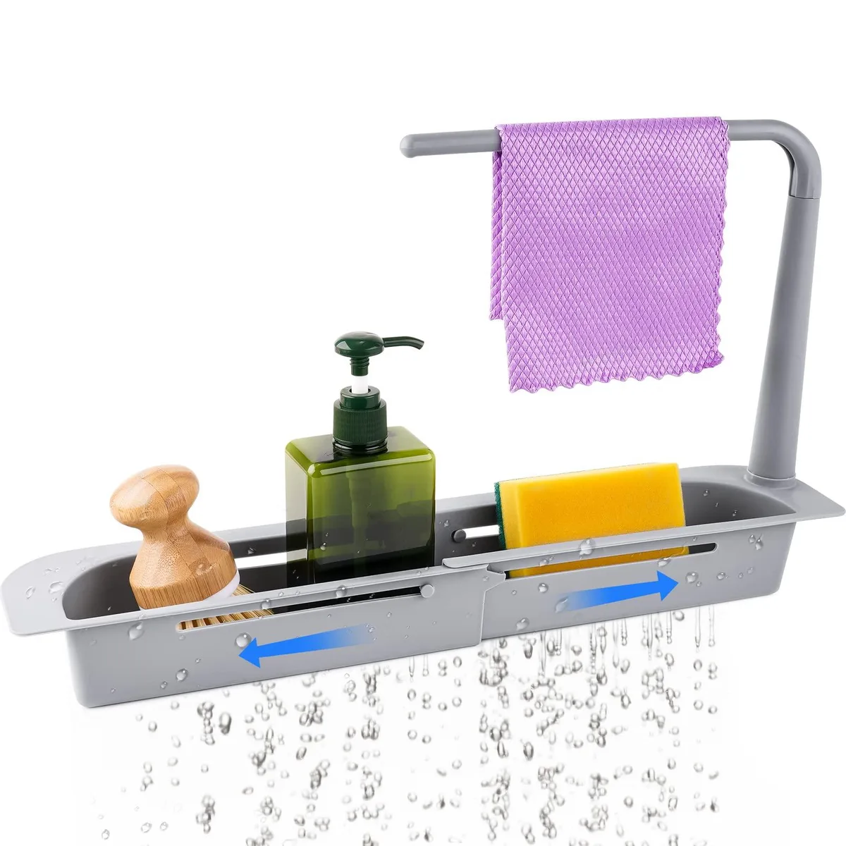 Grey telescopic sink caddy with towel bar and drain holes, 10.7 to 15.6 in