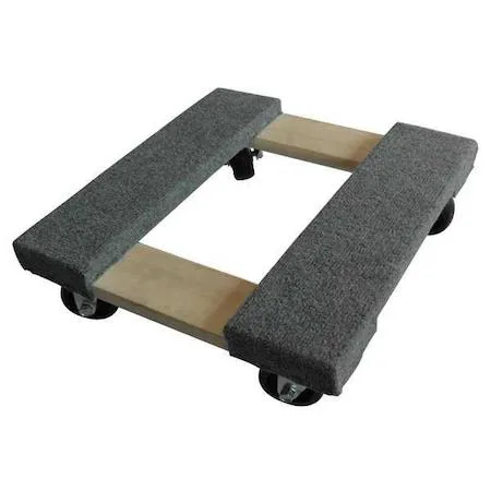 Brown wooden dolly, 16 inch square deck with centre cutout, raised ends, flush lip and strap, 1000 lb capacity