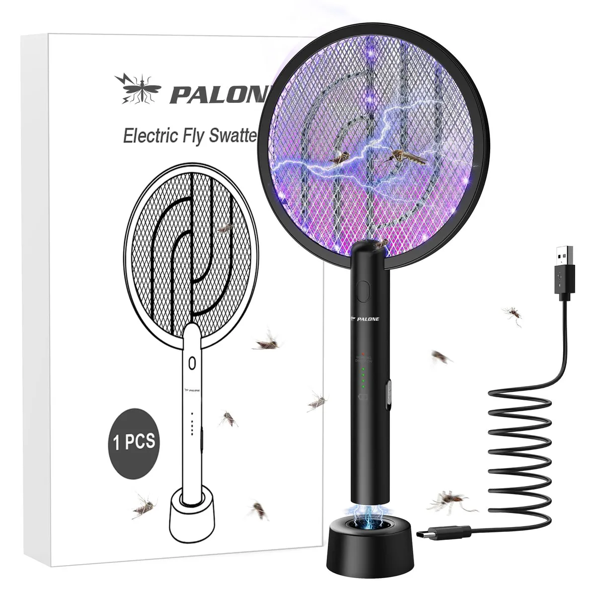  PALONE 4000V Dual Mode Electric Fly Swatter with Type-C Dock — product photo
