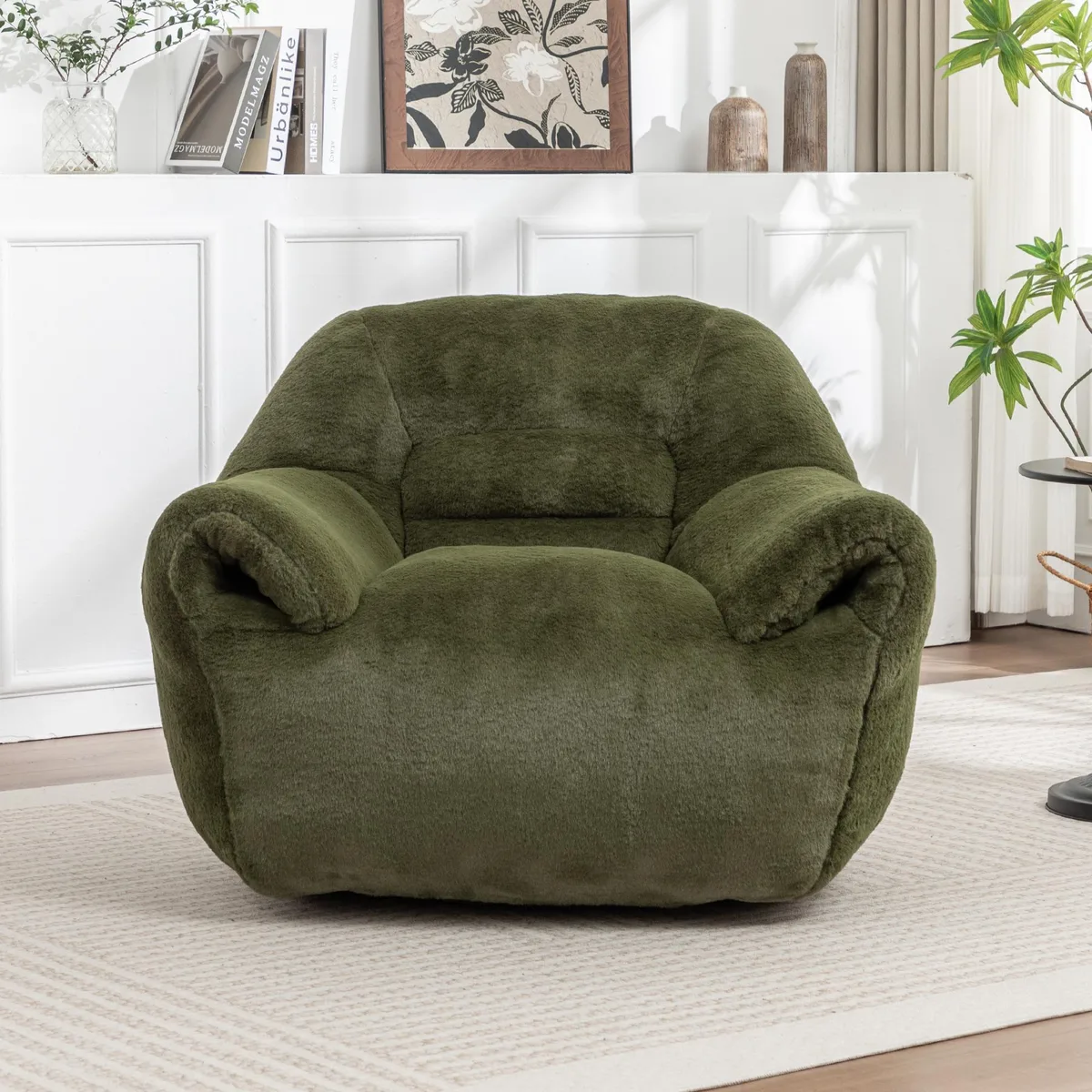 Green faux-fur bean bag sofa with shaped back support, pre-filled with shredded foam