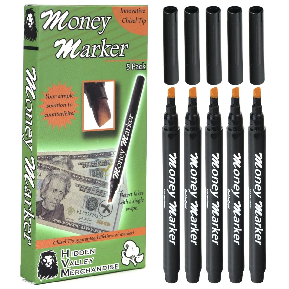 Box of five blue chisel-tip counterfeit detector pens