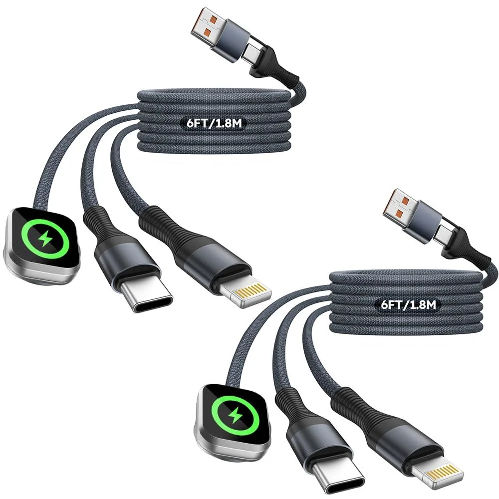 Two black 6-foot cables with USB-C, USB-A, Lightning and Apple Watch magnetic connectors