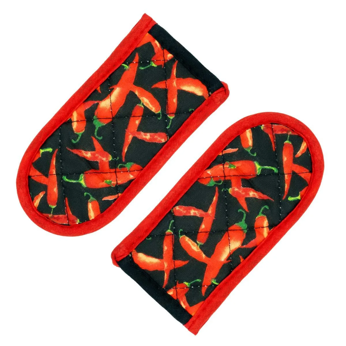 Two red fabric handle covers with hanging loops, shown flat side by side