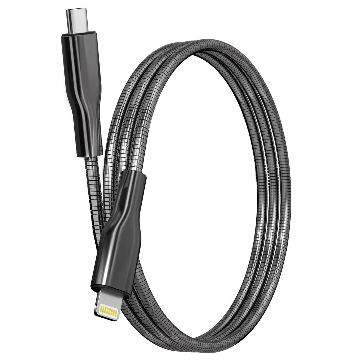 Orange 6.6ft USB-C to Lightning cable with metal braided pet-proof jacket and aluminium connector housing