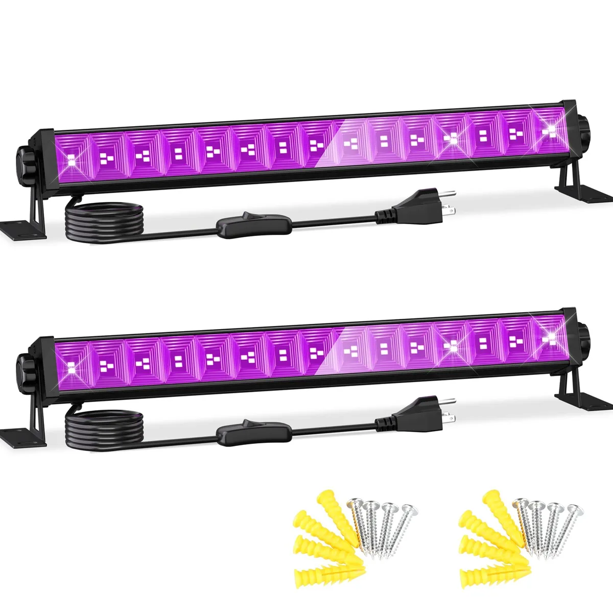 Two black tubular LED bars, 40 cm long, with power cords and switches