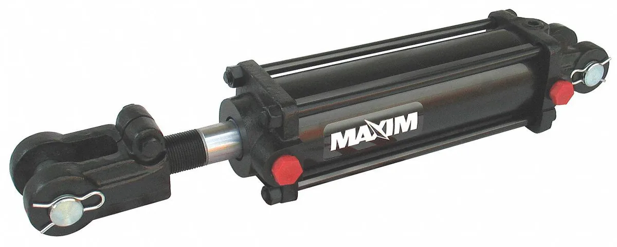 Black painted steel hydraulic cylinder with clevis ends and pins visible