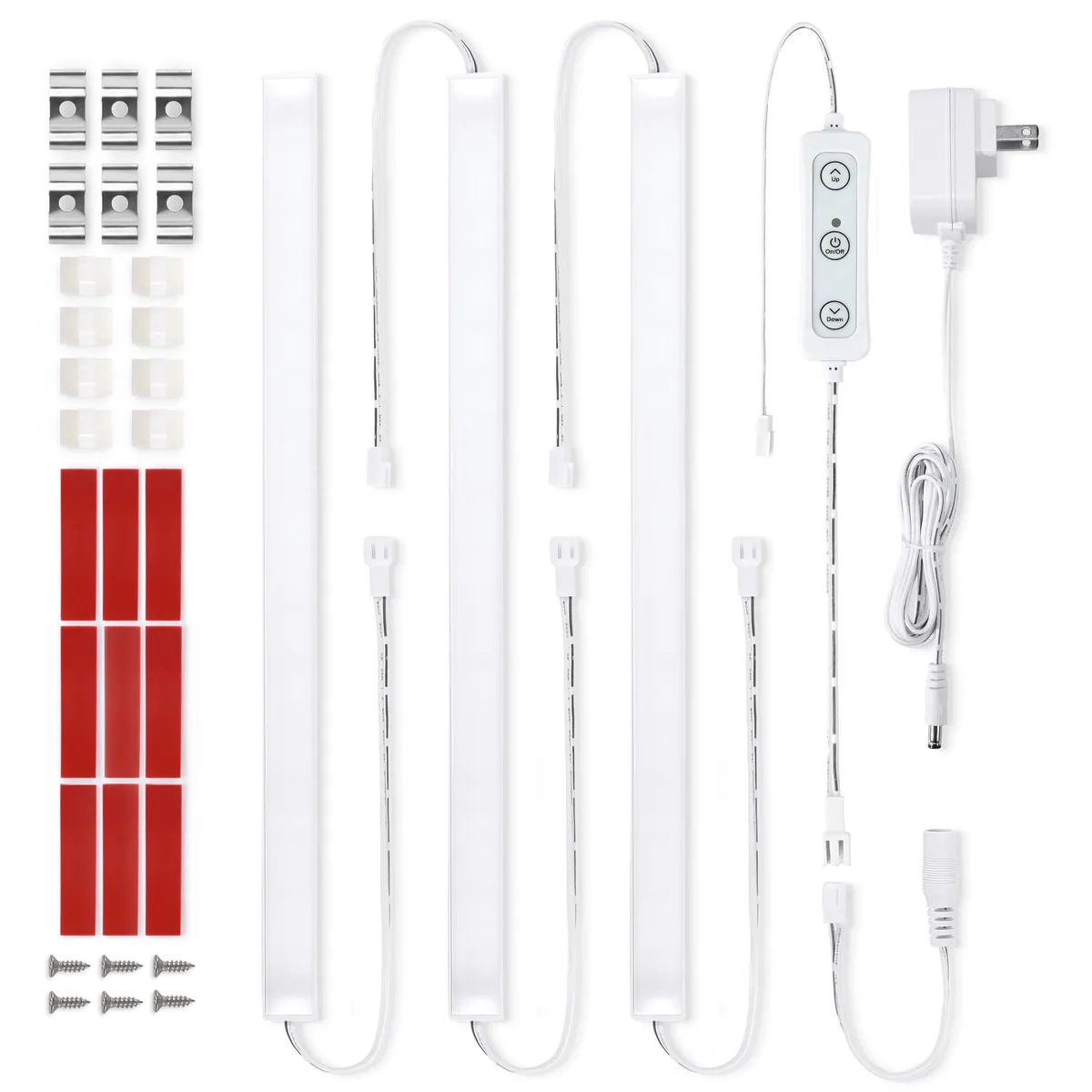 Three slim white LED light bars with clear prismatic covers, 12 inches long, plug-in kit