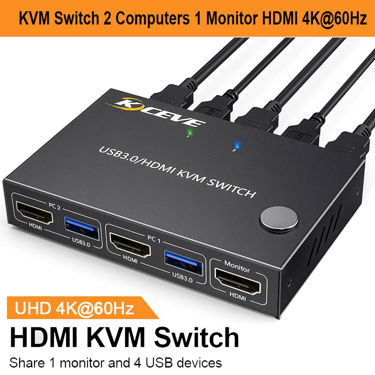 IHDAPP IHDAPP 2-Port HDMI KVM Switch 4K@60Hz 4 USB 3.0 Wired Remote — product photo