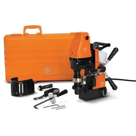 White magnetic drill press unit with silver column and base, compact boxy shape, on/off switch visible