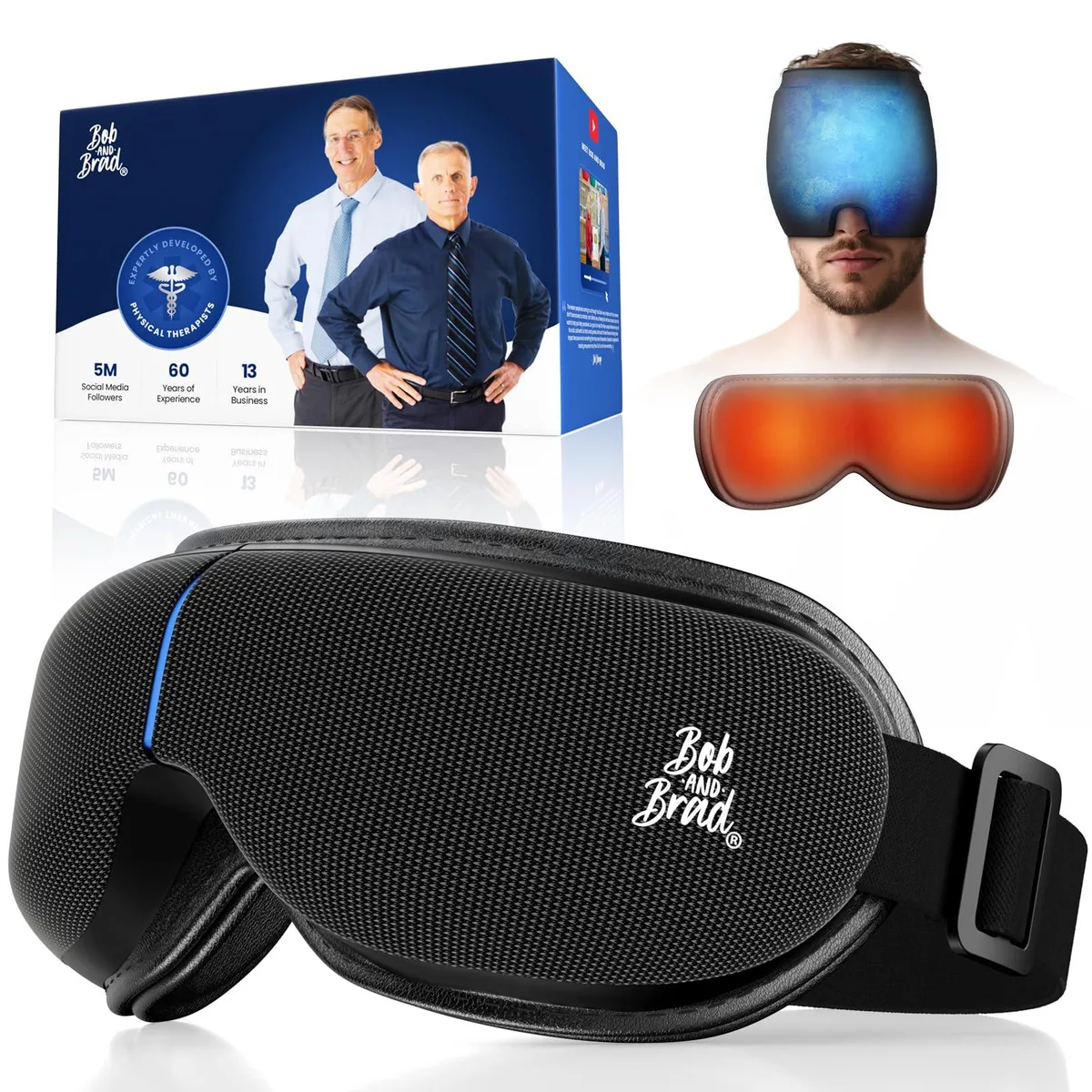 Black eye massager with removable cooling gel mask, foldable frame, soft inner lining