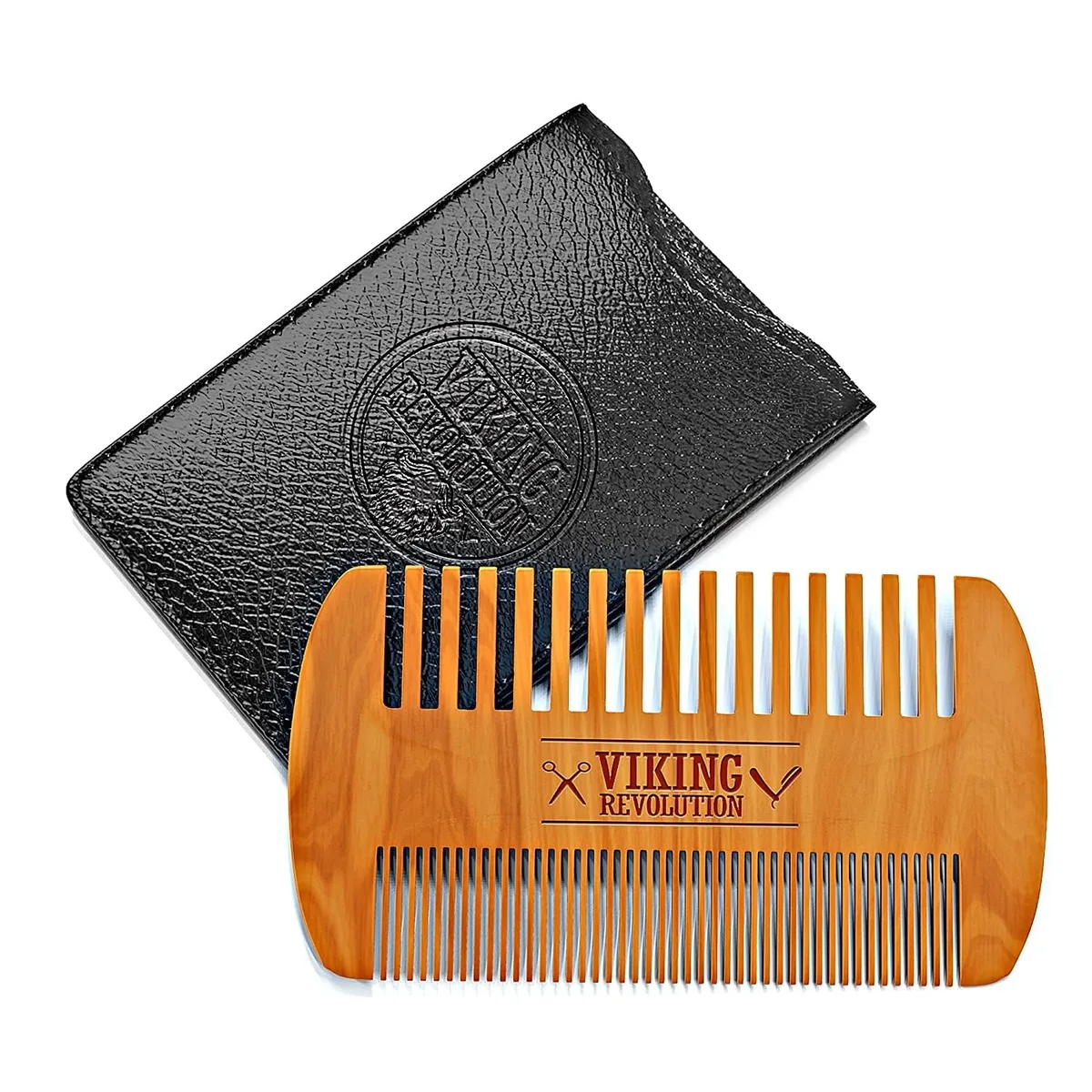 Light brown wooden beard comb in protective case