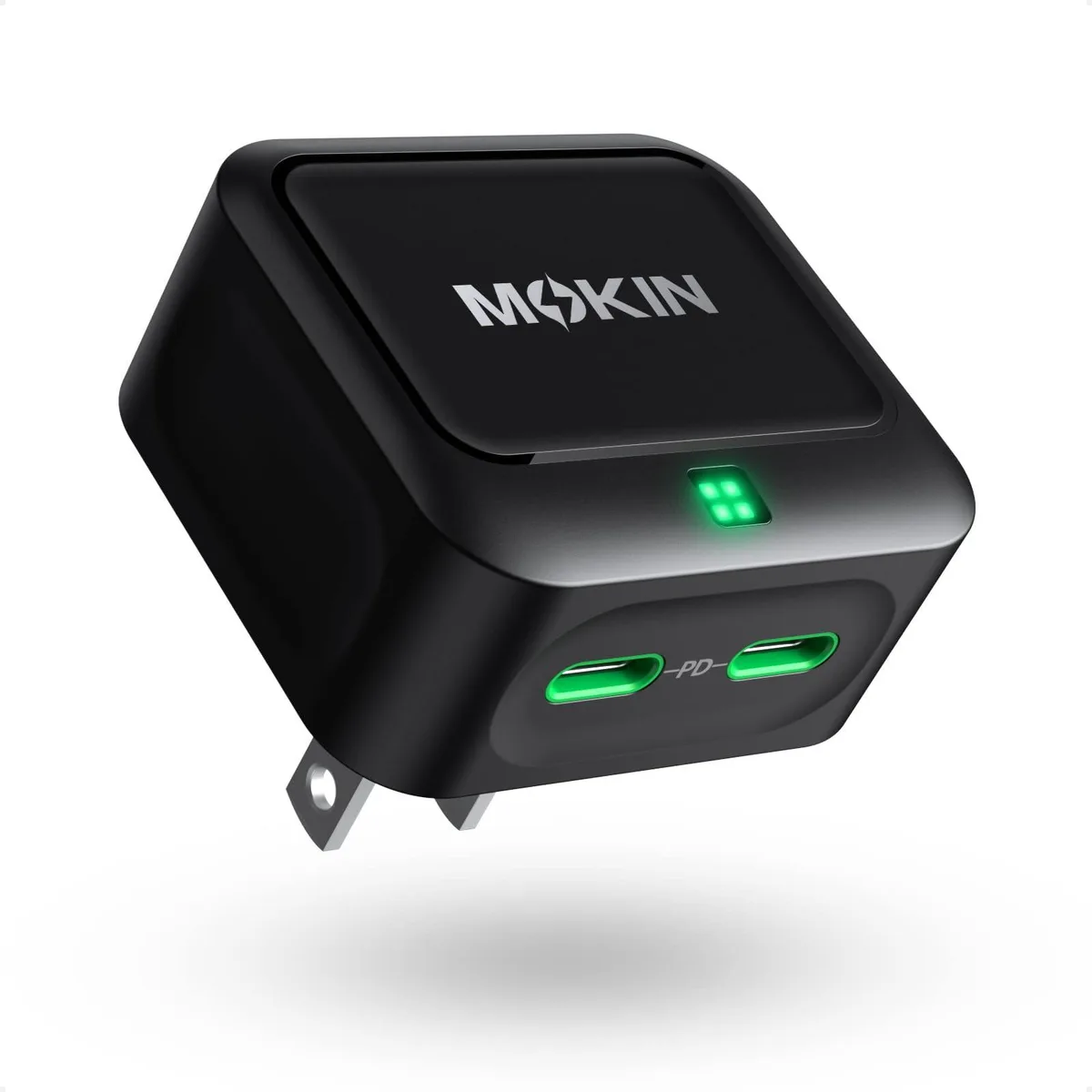 White compact cube charger with two USB-C ports and foldable plug