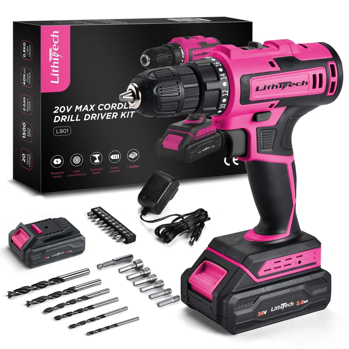 Pink cordless drill with battery, charger, and bit accessories in a case
