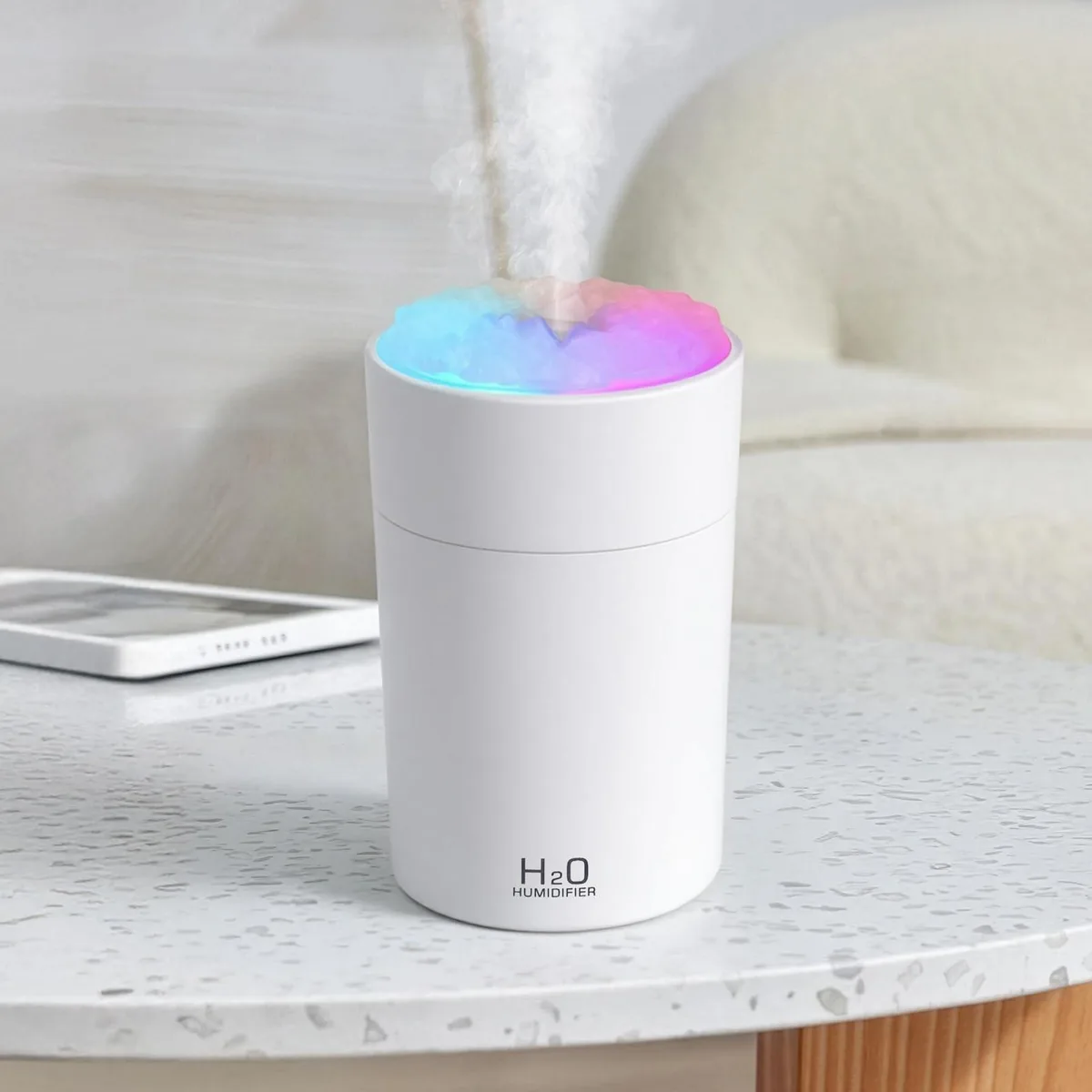 White portable mini humidifier 2.7in wide 4.3in high USB powered 220ml capacity