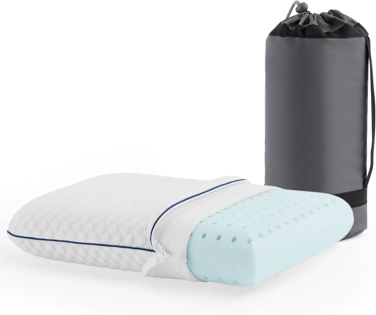 Blue rectangular travel pillow with ventilated memory foam core, removable zippered cover, and carry bag