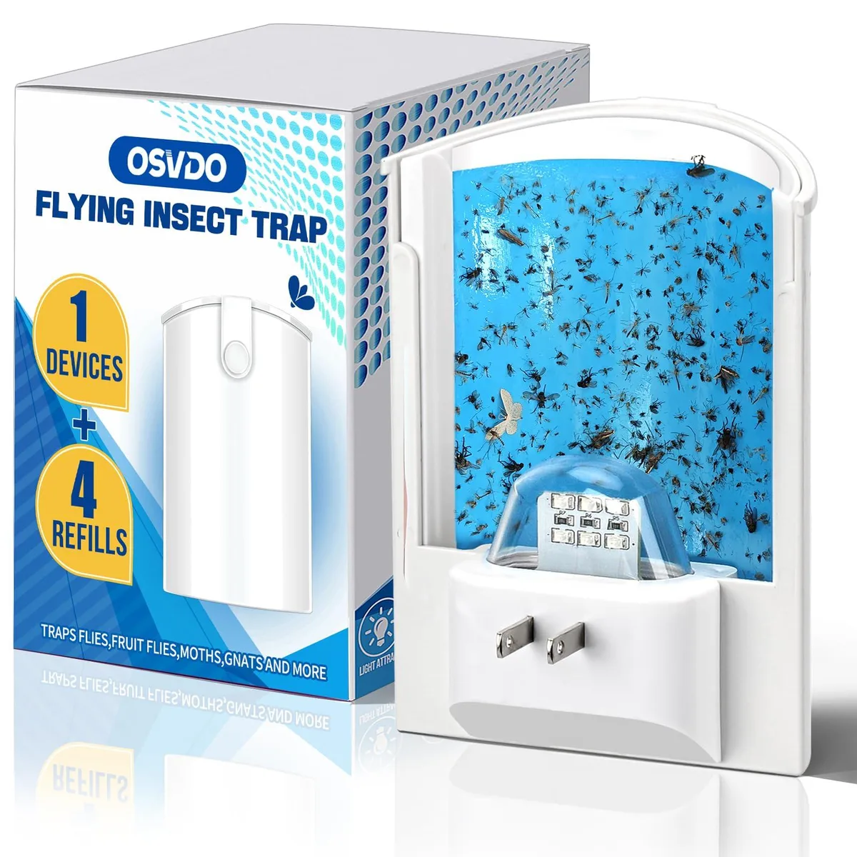 White rectangular plug-in insect trap with blue UV light, 4 by 1.5 by 6.1 inches