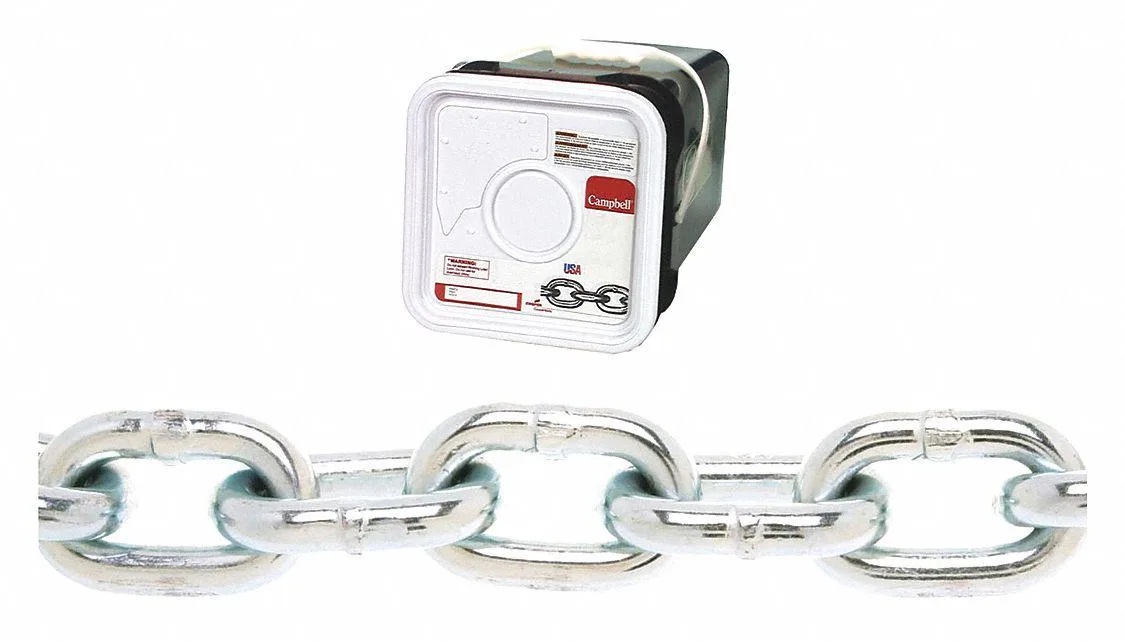 Galvanized steel proof coil chain, 3/16 inch links, 150 foot reel