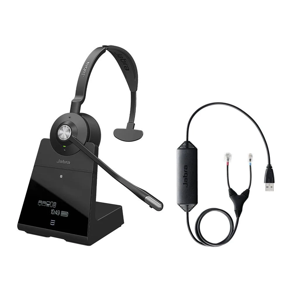 Black mono wireless headset with padded headband and ear cushion