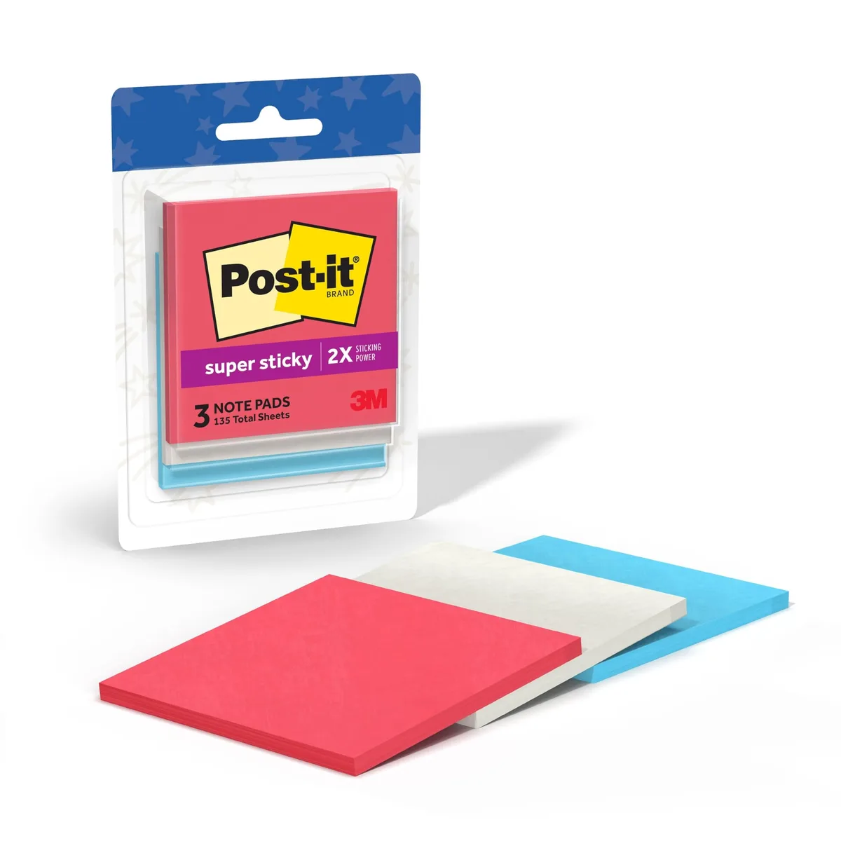 Three square sticky note pads in red white and blue