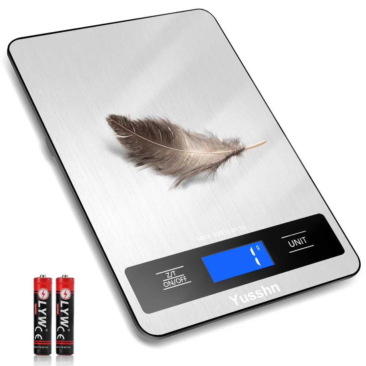 Yellow digital kitchen scale with stainless steel platform and LCD display
